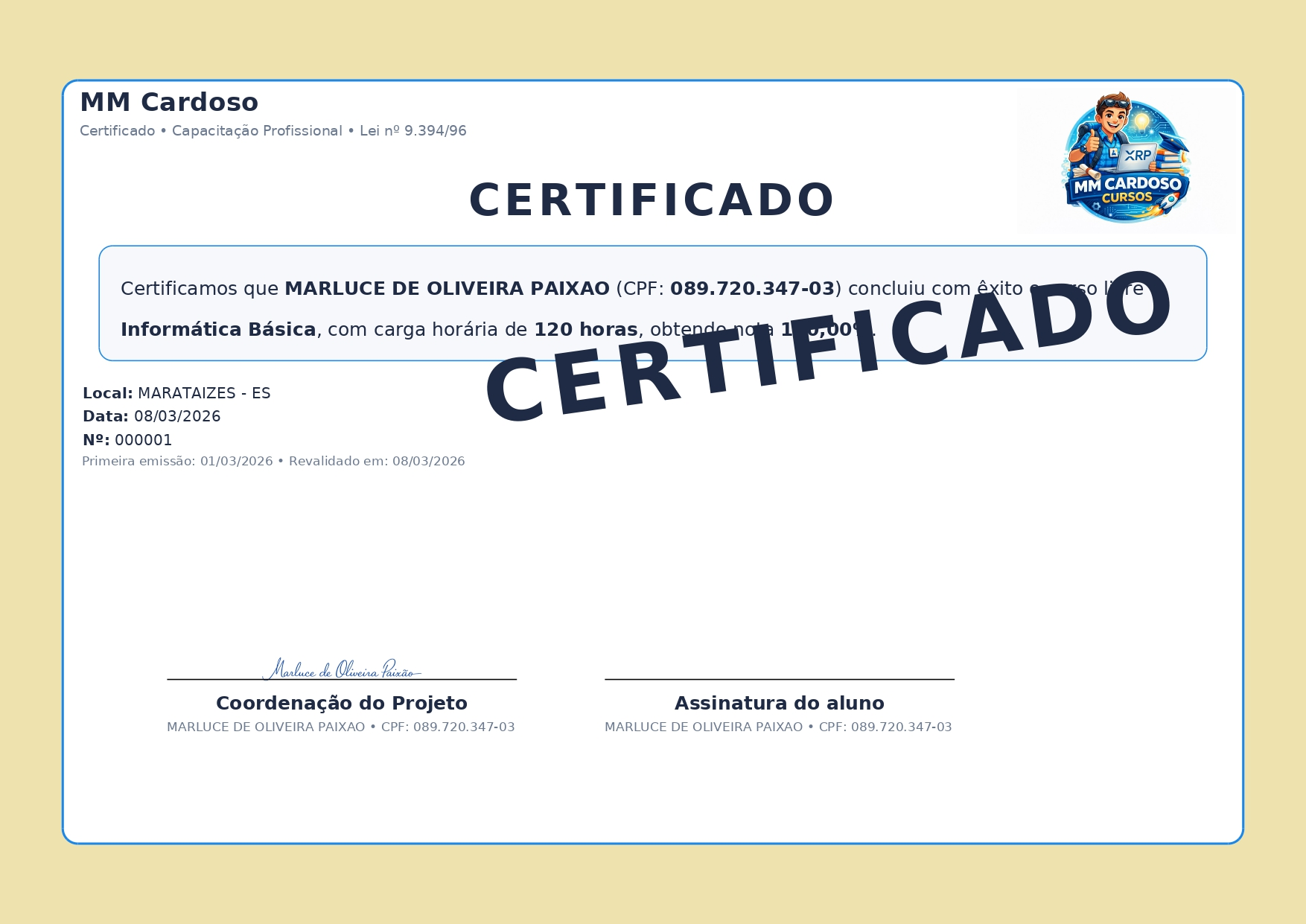 Modelo da frente do certificado