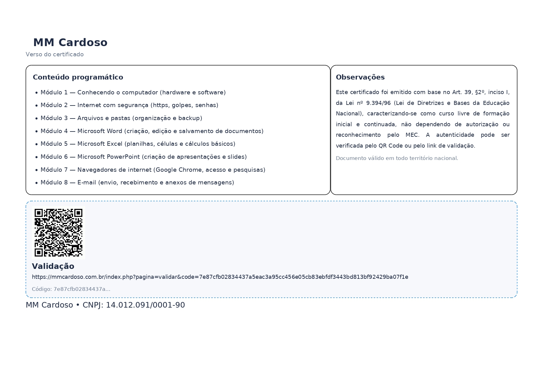 Modelo do verso do certificado